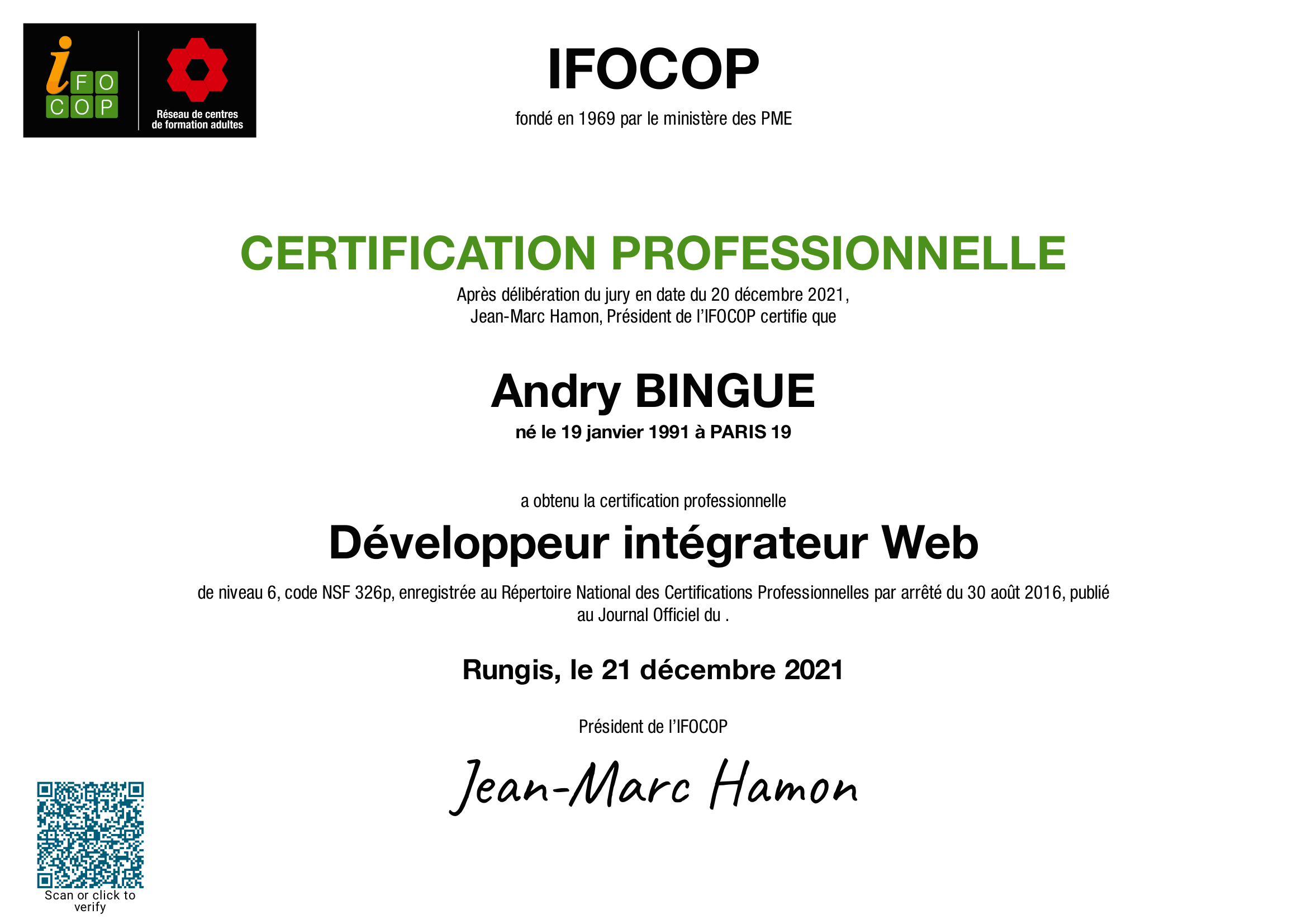 Certification Professionnelle - Bingue Andry